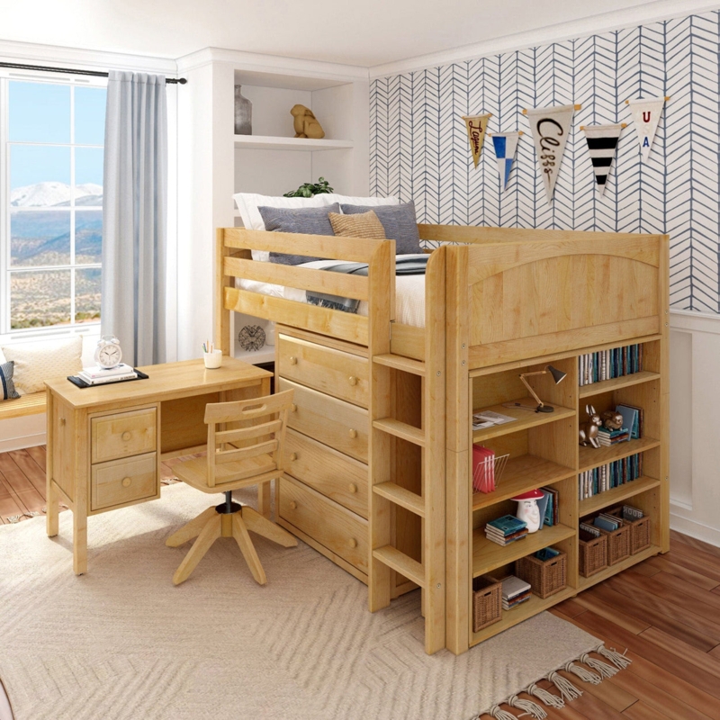 Mid Height Loft Bed Natural Wood with Integrated Dresser Desk