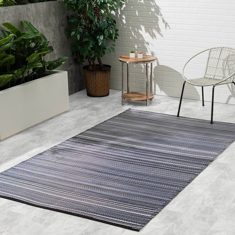 Midnight Blue Stripes Outdoor Area Rug Recycled Plastic