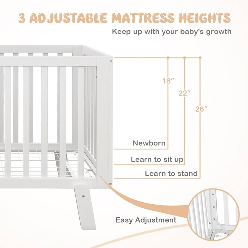 Mini Crib in Crisp White Finish, Slatted Sides for Small Spaces