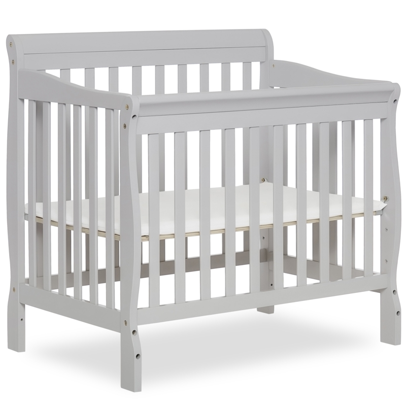 Mini Crib Pebble Gray Arched Headboard Compact Slatted Design