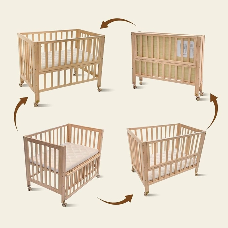 Mini Crib with Foldable Frame and Locking Wheels, Light Wood