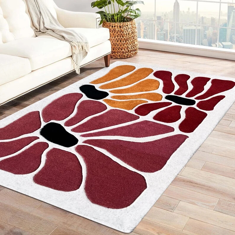 Minimalist Area Rug, Cream and Charcoal Grid Pattern, High-Low Pile