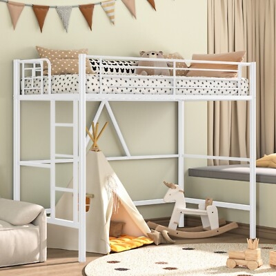 Minimalist Black Metal Loft Bed with Integrated Desk and Removable Ladder