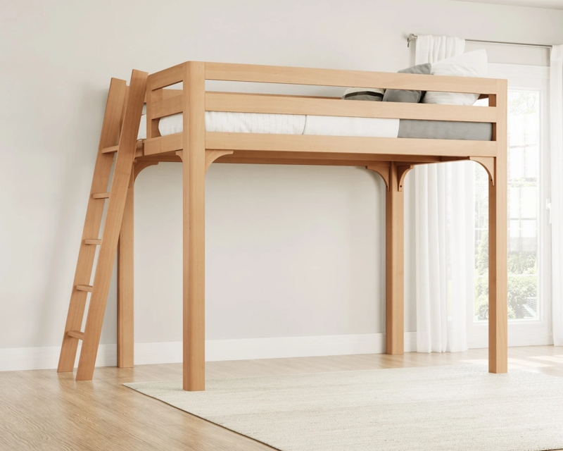 Minimalist Blonde Wood Loft Bed with Integrated Ladder for Adult Bedroom