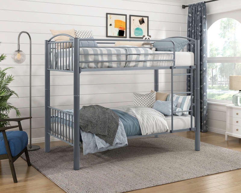 Minimalist Bunk Bed Silver Metal Matte Finish Integrated Ladders