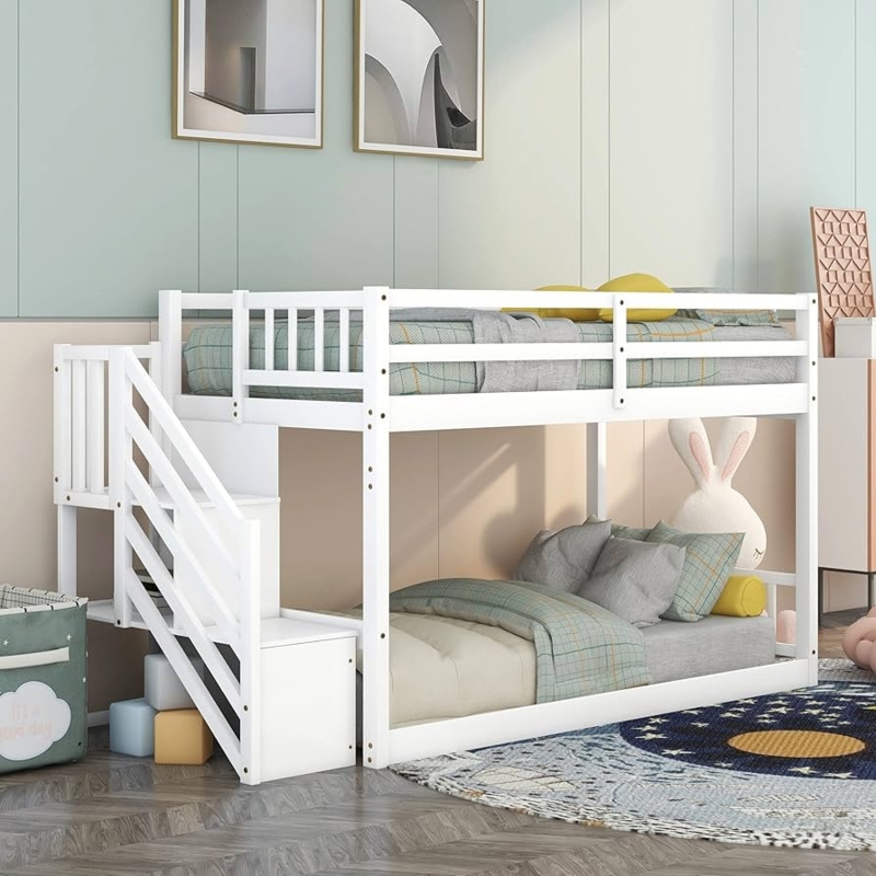 Minimalist Bunk Bed White Low Profile Design Open Shelving Stairs