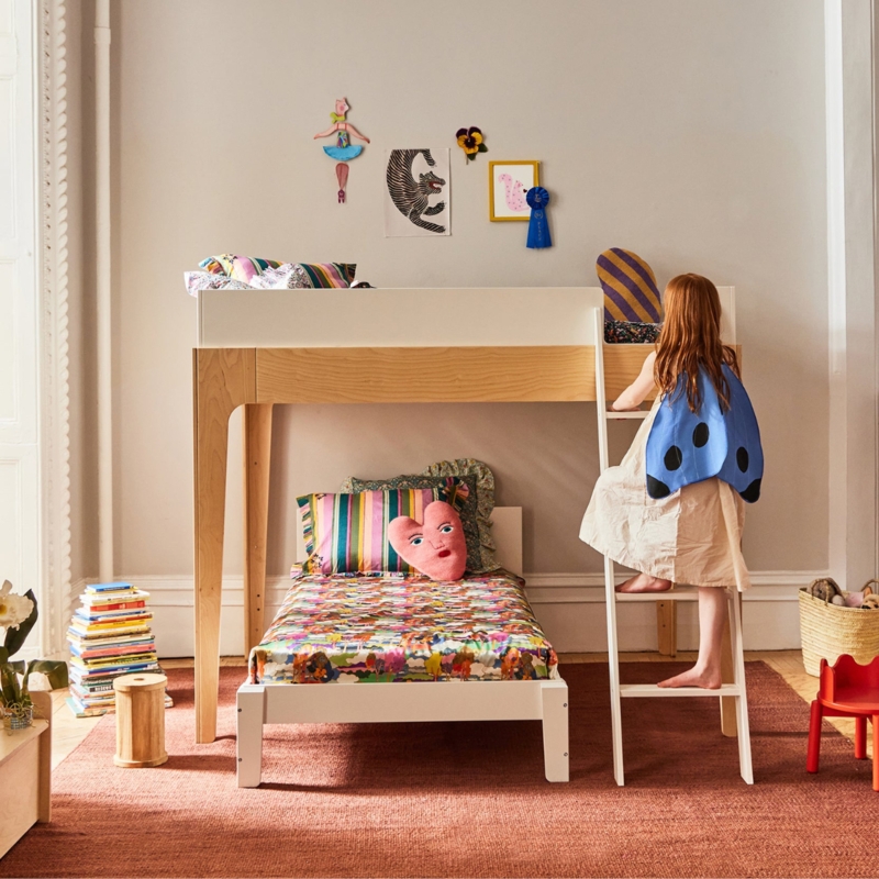Minimalist Full Loft Bed with Integrated Workspace, White and Wood