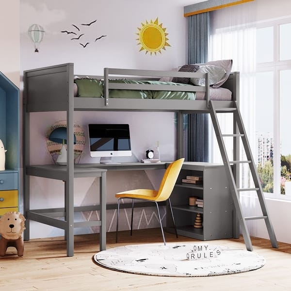 Minimalist Loft Bed with Desk, Shelves, and Slatted Guardrails
