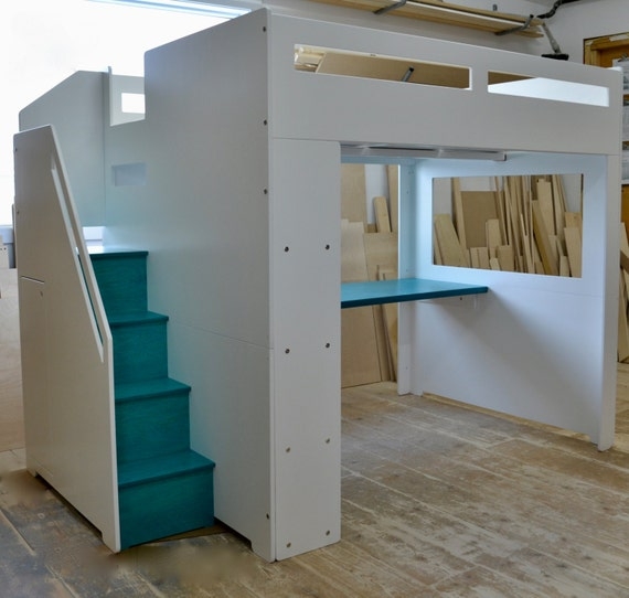 Minimalist Loft Bed with Integrated Desk, Cabinets and Staircase