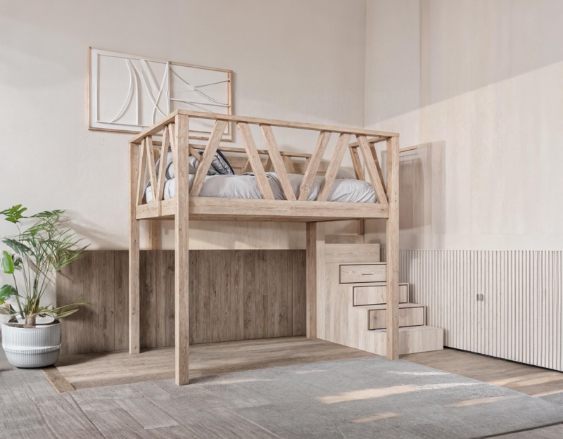 Minimalist Queen Loft Bed with Storage Stairs and Shelving