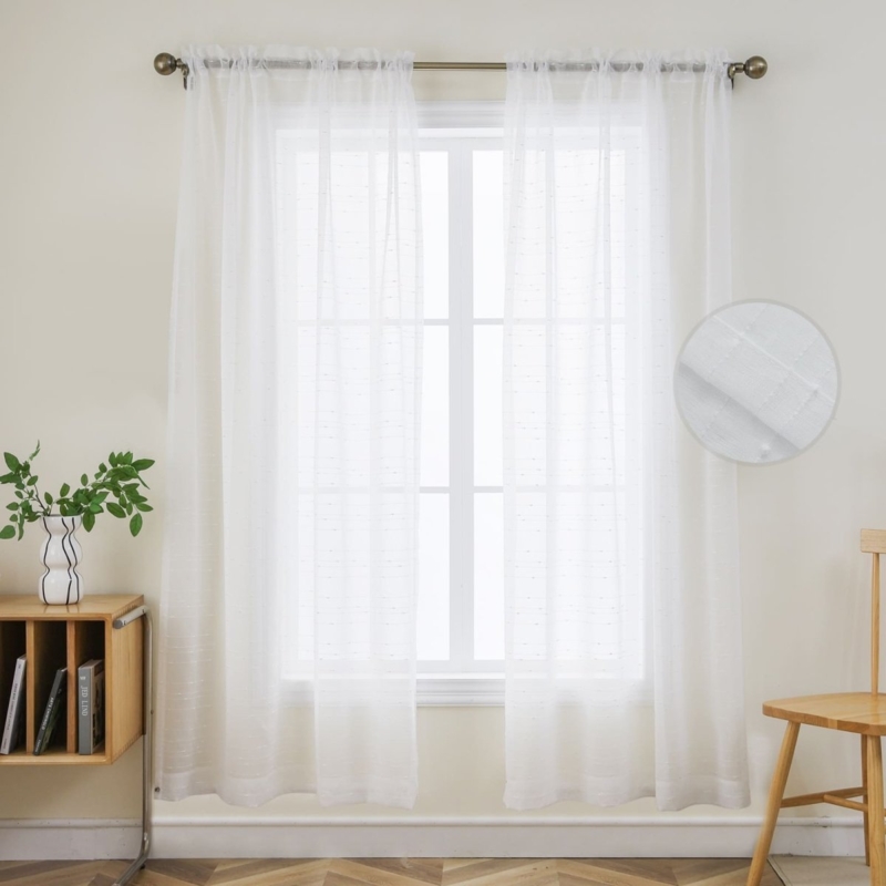 Minimalist Sheer White Curtains Linen Texture Grommet Top Window Decor