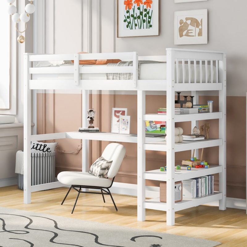 Minimalist Twin Loft Bed with Side Storage Shelves and Desk