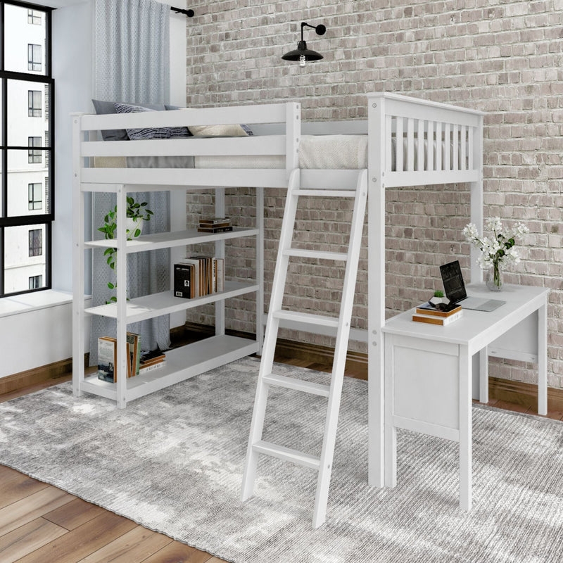 Minimalist White Full Loft Bed with Desk and Bookcase