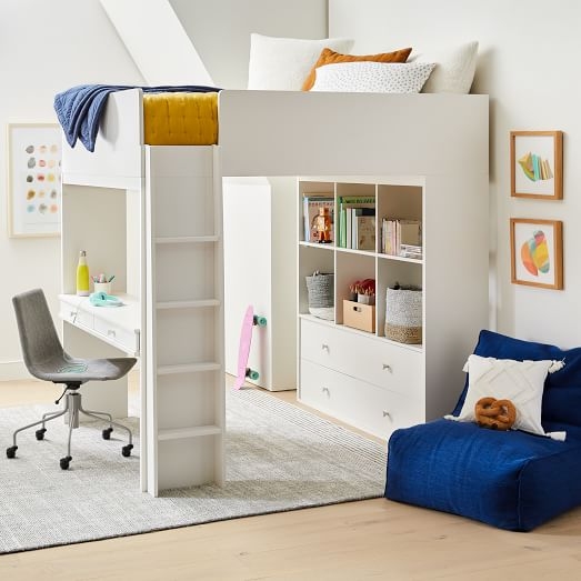 Minimalist White Full Size Loft Bed with Built-In Desk