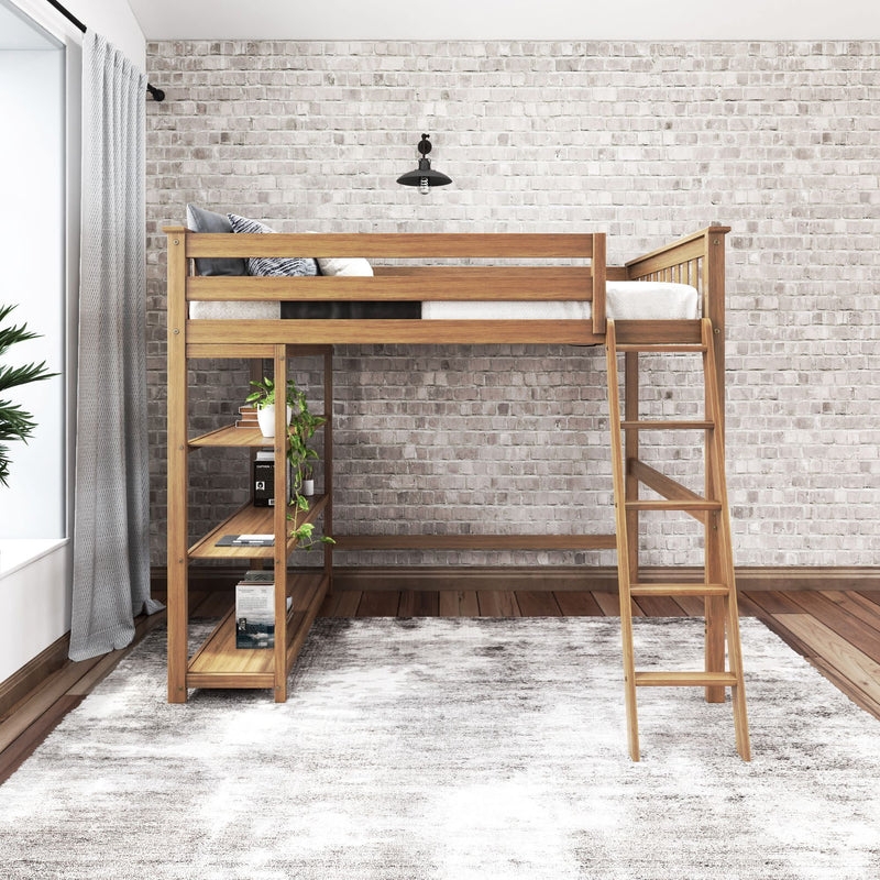 Minimalist White Loft Bed Frame Full Size with Bookcase