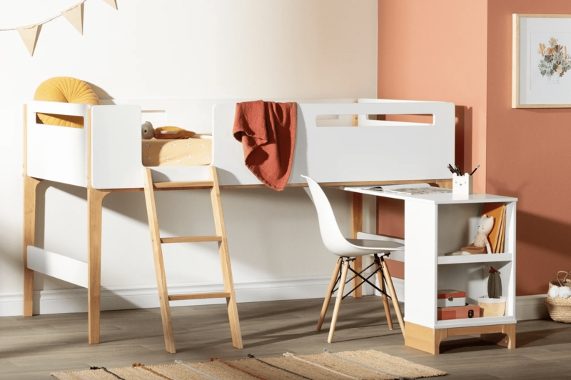 Minimalist White Metal Loft Bed with Integrated Desk