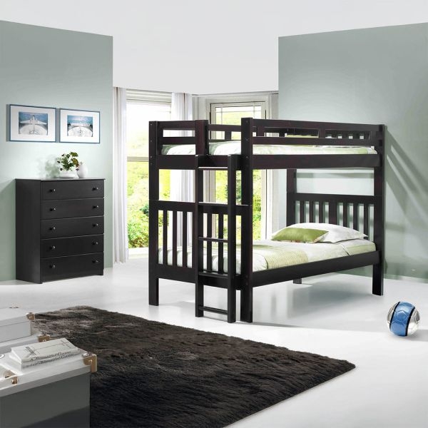 Mission Slat Design Twin Over Twin Bunk Bed, Dark Finish