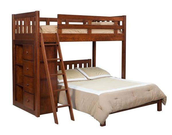 Mission Style Wood Bunk Bed with Integrated Bookcase and Ladder