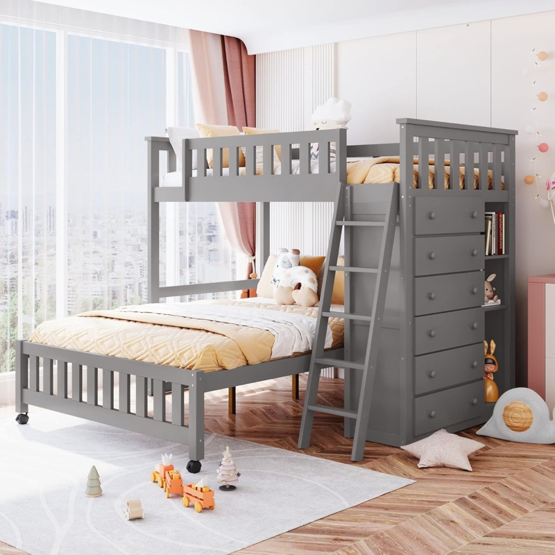 Mobile White Bunk Bed with Storage Stairs and Built-in Shelving