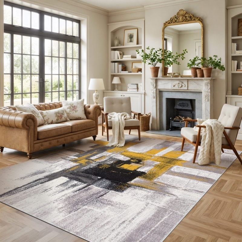 Modern Area Rug Mustard Yellow Mottled Texture Charcoal Grey