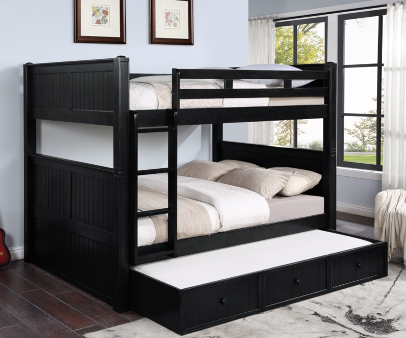 Modern Black Wood Queen Bunk Bed with Integrated Ladder