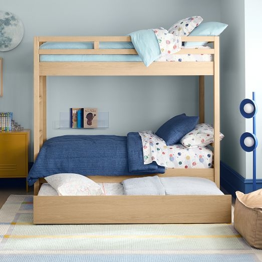 Modern Blonde Oak Bunk Bed with Trundle, Mid-Century Design