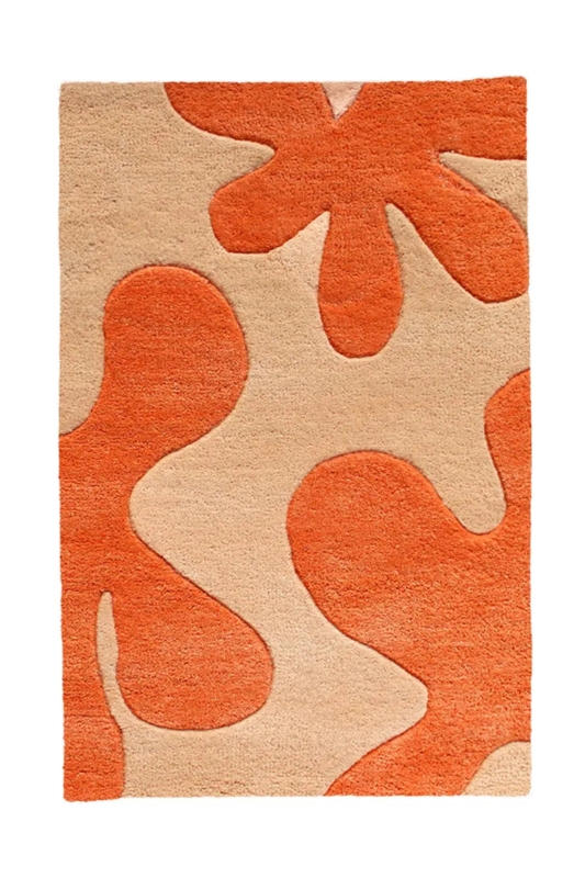 Modern Boho Area Rug, Asymmetrical Floral Design, Blue and Orange
