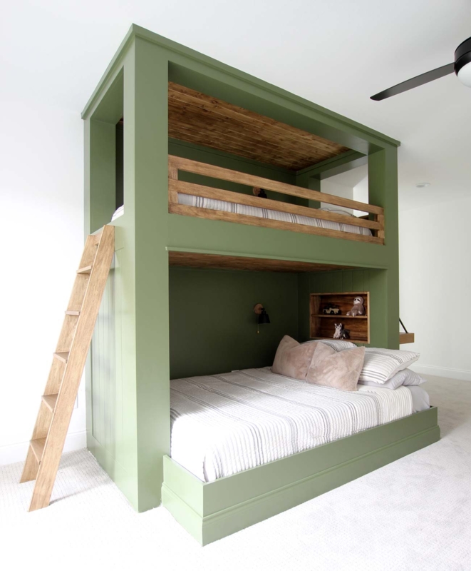 Modern Built-In Bunk Bed with Natural Wood Ladder Feature