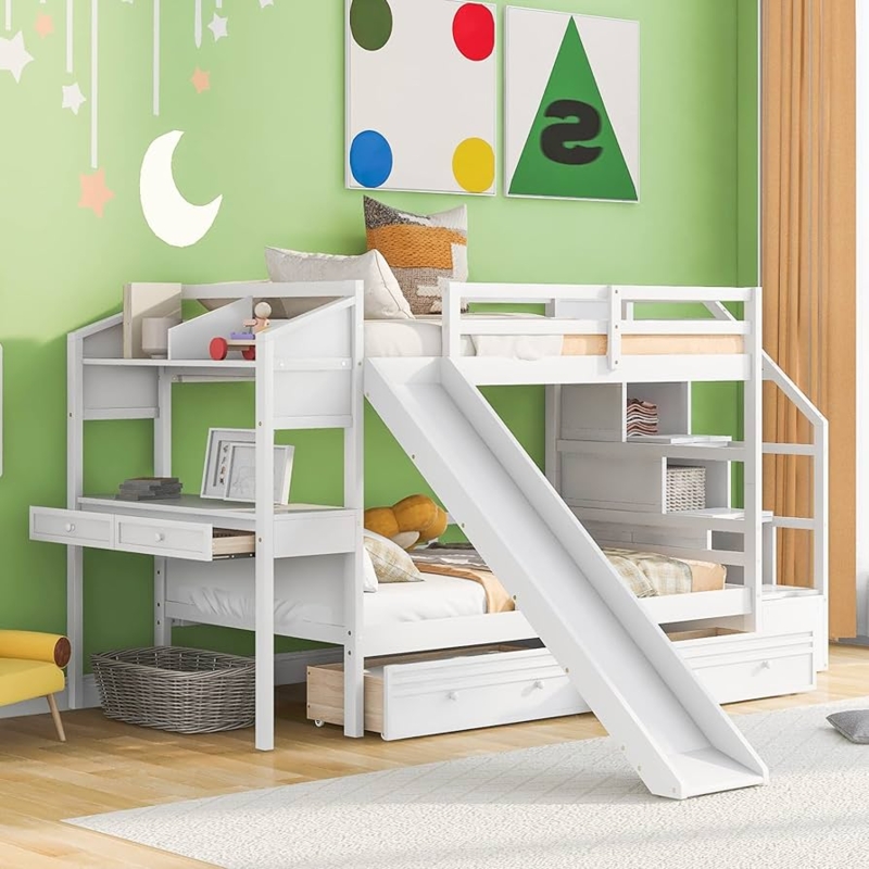 Modern Bunk Bed with Built-In Slide and Integrated Desk