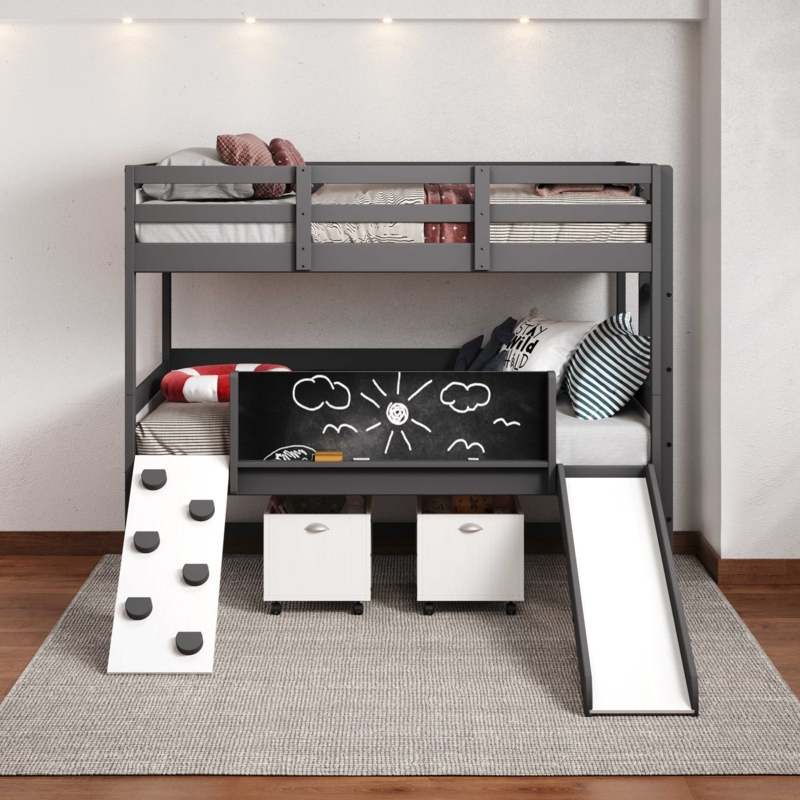 Modern Bunk Bed with Slide, Climbing Wall & Storage Cubbies