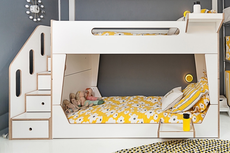 Modern Bunk Bed with Stairs, Integrated Storage and Plywood Edge Detail