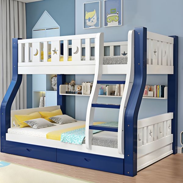 Modern Bunk Bed with Storage Drawers in Natural Wood and White Finish