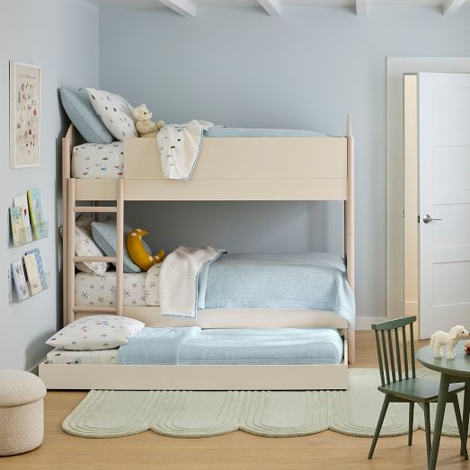 Modern Bunk Bed with Trundle, Alabaster Finish, Curved Arches