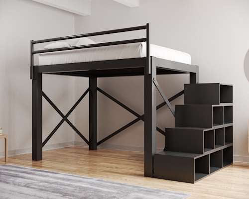 Modern Charcoal Queen Loft Bed with Storage Staircase for Adults