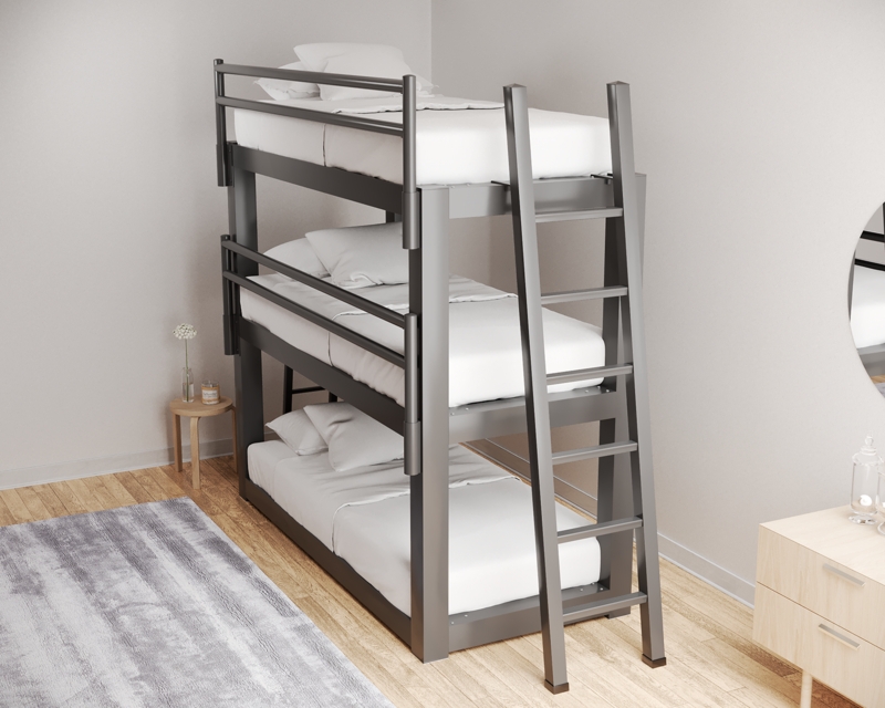 Modern Charcoal Triple-Tier Bunk Bed with Integrated Ladders