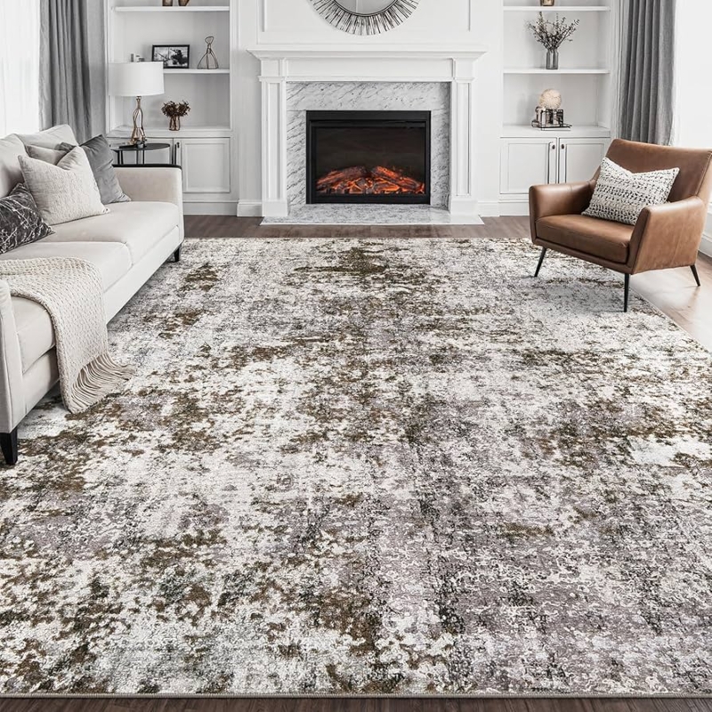 Modern Farmhouse Area Rug, Dark Brown Abstract Low Pile Design