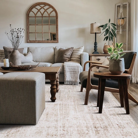 Modern Farmhouse Living Room Rug with Distressed Floral Pattern