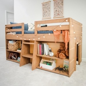 Modern Farmhouse Loft Bed Pecan Finish with Integrated Bookcases