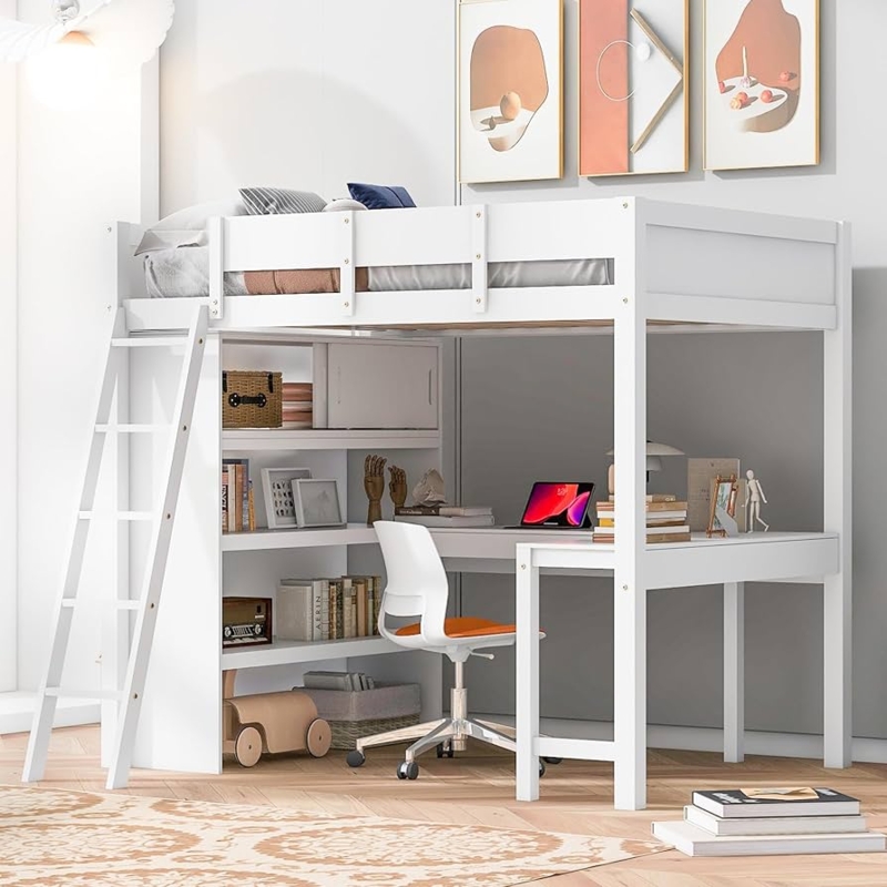 Modern Full Size Loft Bed White L-Shaped Desk Bookshelf