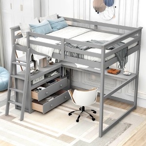 Modern Full Size Loft Bed with Integrated Desk and Storage Drawers