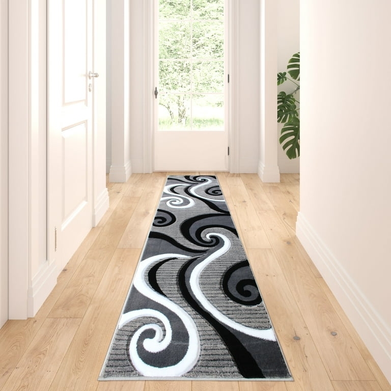 Modern Geometric Hallway Runner, Hand-Carved Wave Pattern in Grey