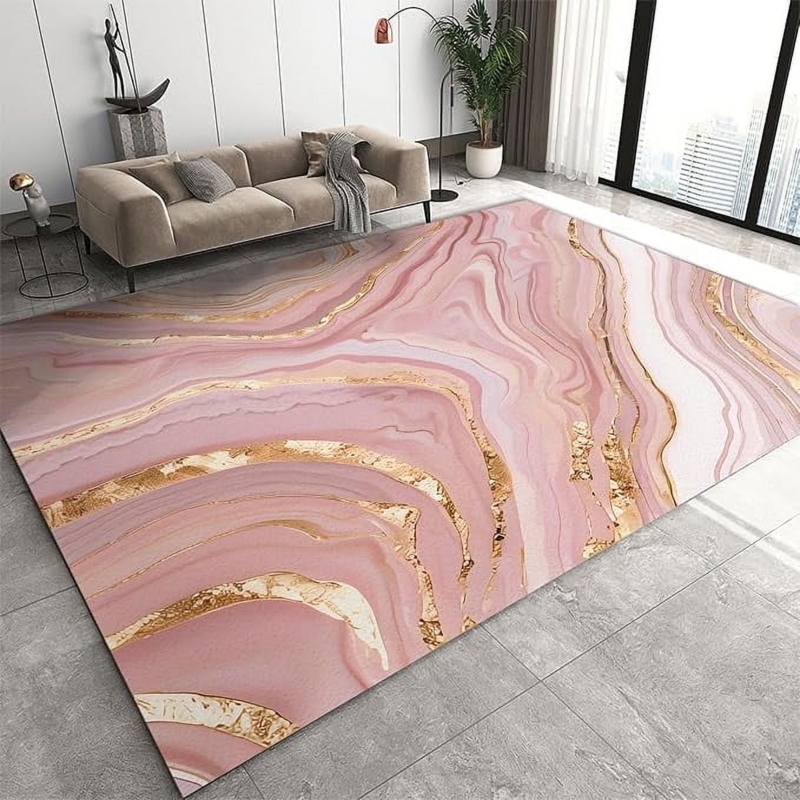 Modern Glam Area Rug, Rose Gold Fluid Marble Pattern Design