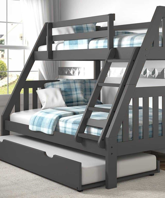Modern Grey Bunk Bed Trundle, Dark Charcoal Minimalist Design