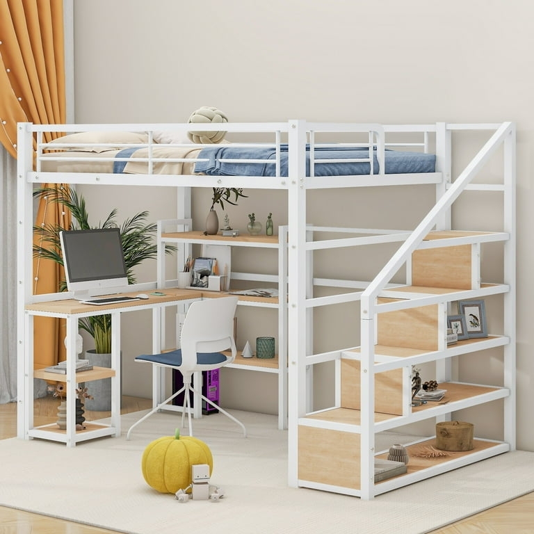 Modern Industrial Loft Bed Black Metal with Wood Desk Stairs
