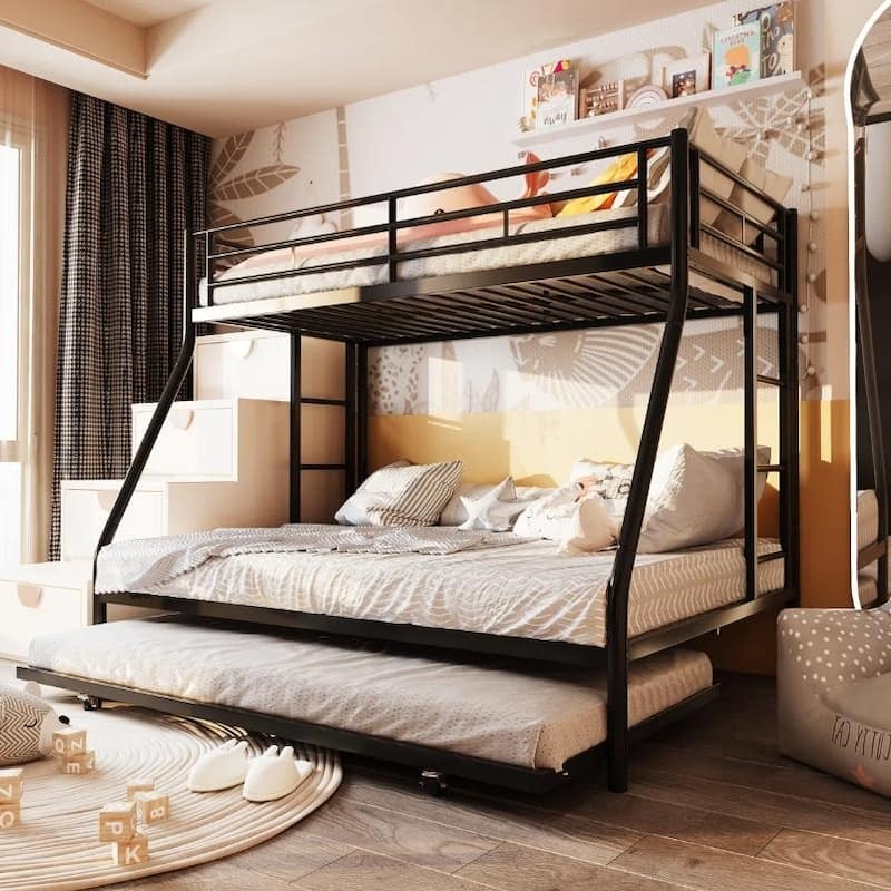 Modern Industrial Metal Bunk Bed Frame with Dual Access Ladders