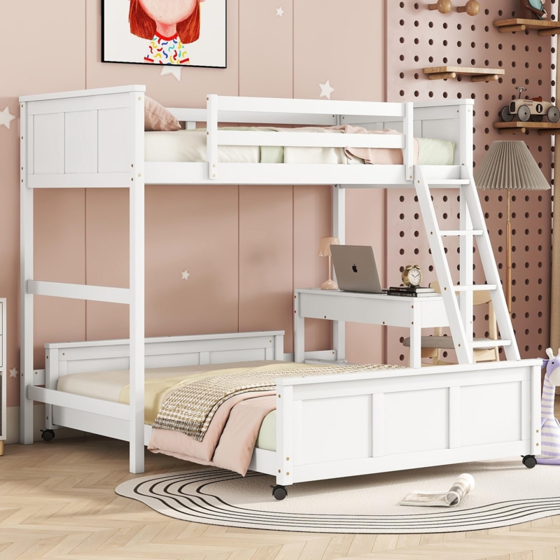 Modern L-Shaped Bunk Bed Workstation with Storage Drawers, White Finish