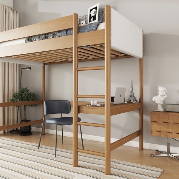 Modern Loft Bed with Desk and Teddy Fleece Upholstered Panels