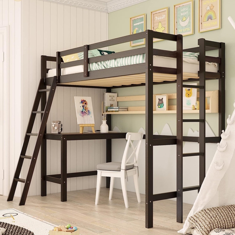 Modern Matte Black Loft Bed with Dual Ladders and Desk
