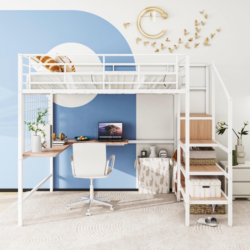 Modern Metal Loft Bed with Storage Stairs, Wardrobe, and Mesh Panel
