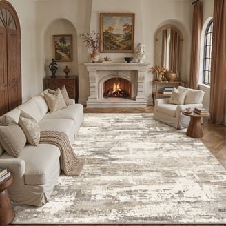 Modern Minimalist Area Rug, Gray and White Abstract Marble Pattern